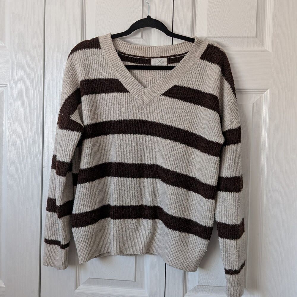 Thread & Supply Cream V-Neck Sweater with Brown Stripes XS Fall Autumn Cozy